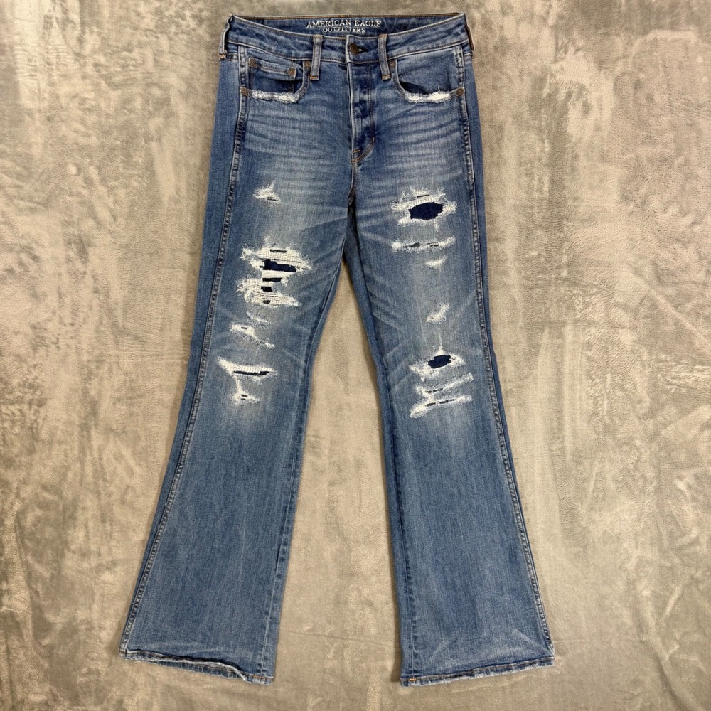 American Eagle Vintage Hi-Rise Flare Jeans Womens Size 6 Blue Distressed Denim